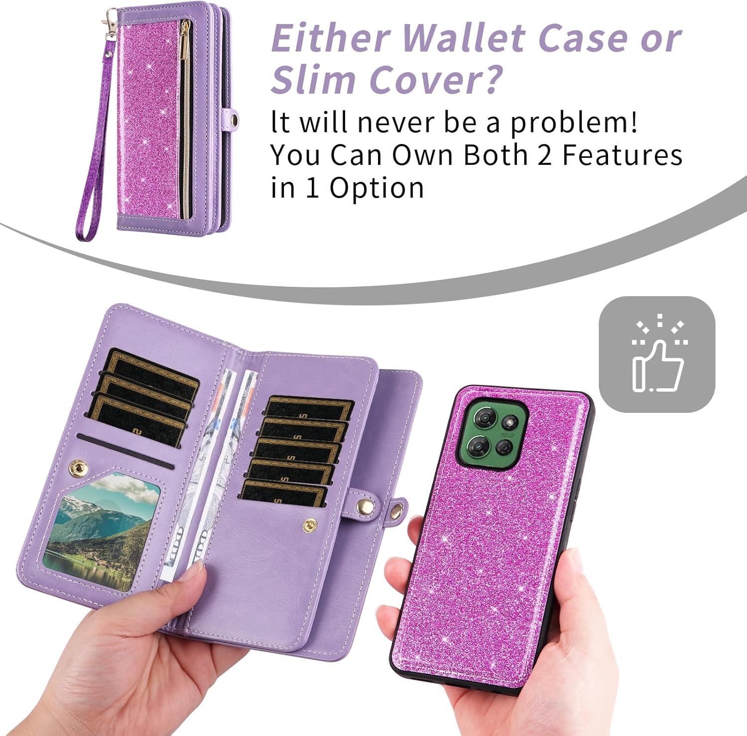 Asuwish Phone Case for Motorola Moto G Power 5G 2025 Zipper Wallet Detachable Cell Cover with Tempered Glass Screen Protector Strap Bling Glitter Flip Card Holder Slot XT2515-1 Women Men Girls Purple