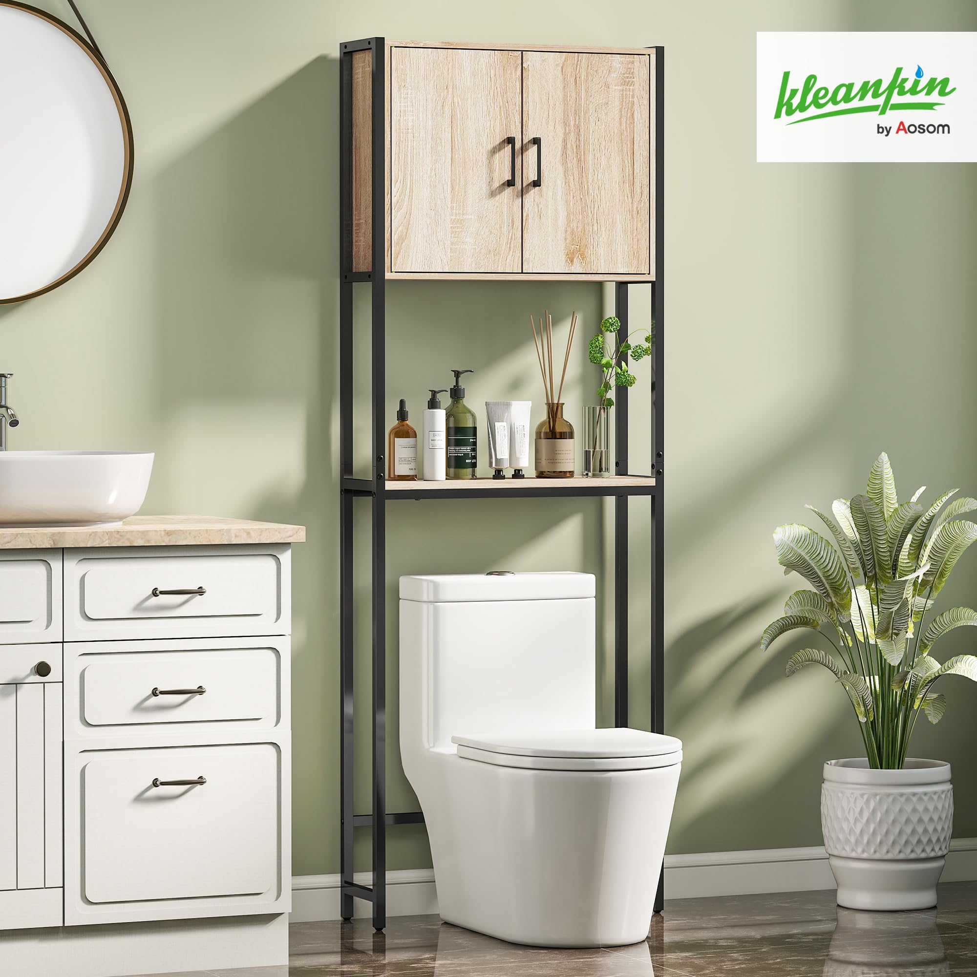 kleankin Mueble sobre Inodoro, Organizador sobre WC con 2 Puertas, Estante Ajustable, Estante Abierto, Estantería de Baño Encima WC para Espacio Pequeño, 64x19x178 cm, Natural