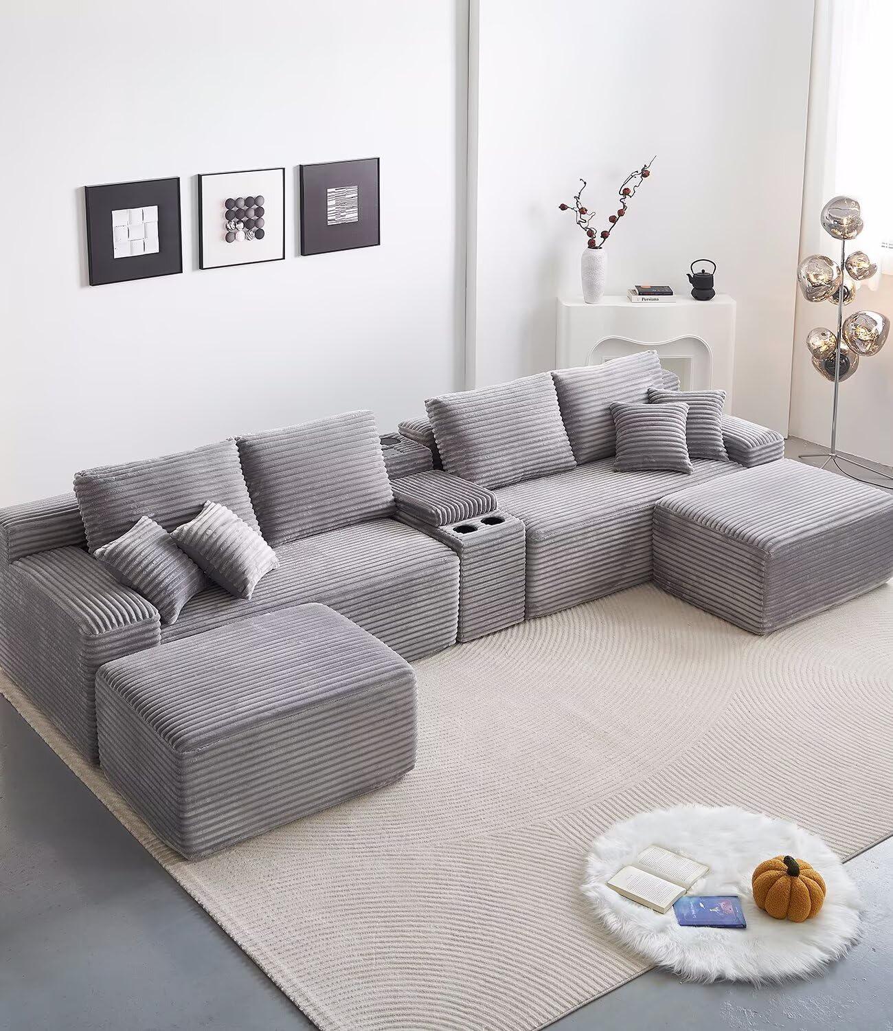 150” Oversized Modular Sectional Sofa, Cloud Couch with Deep Seat,L-Shape Sofa with Cup Holders and USB Ports & Wirelessly Charged & Bluetooth