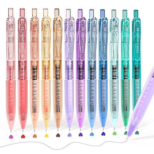 Four Candies 12Pack 0.5mm Quick Dry Retractable Gel Pen Set, Cute Transparent Fine Point Multicolor Note Taking Aesthetic lnk Pens, Comfort Grip 12 Ink Colors Drawing Writing School Office Home - Multicolor Ink