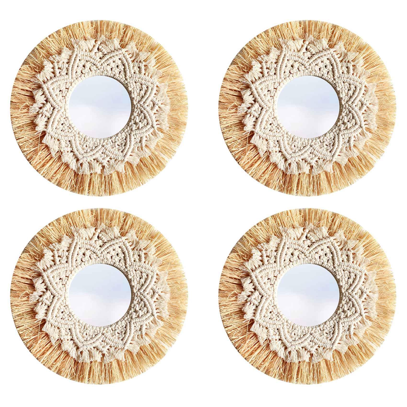Hndhbfgrt 4X Nordic Straw Woven Hotel Bed and Breakfast Wall Boho Decor Handwoven Mirror Wall Decoration Macrame Decorative Mirror