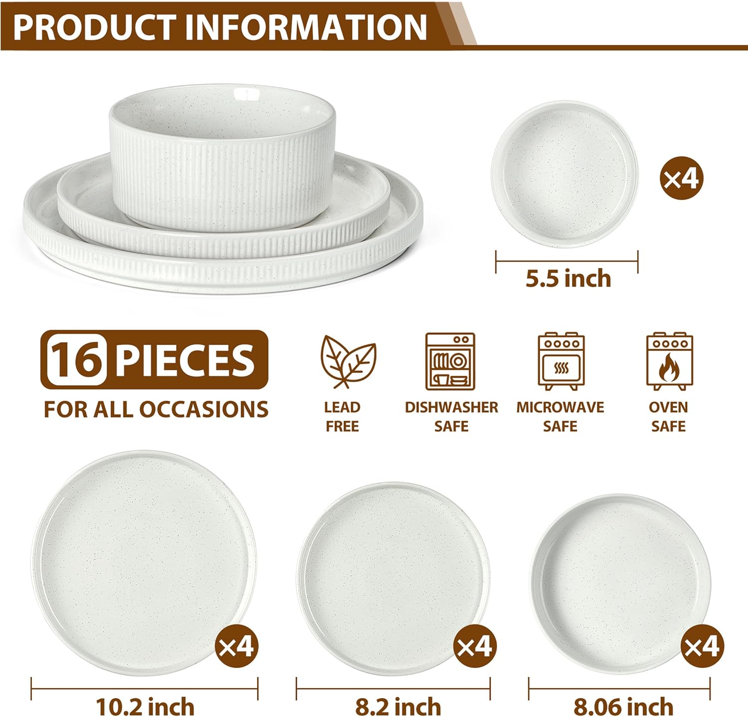 LIANYU Dinnerware Sets with Pasta Bowls for 4, 16 Piece Stoneware Plates and Bowls Set, Ribbed Dishes Dishware for Home Kitchen, Microwave and Dishwasher Safe, Speckled White