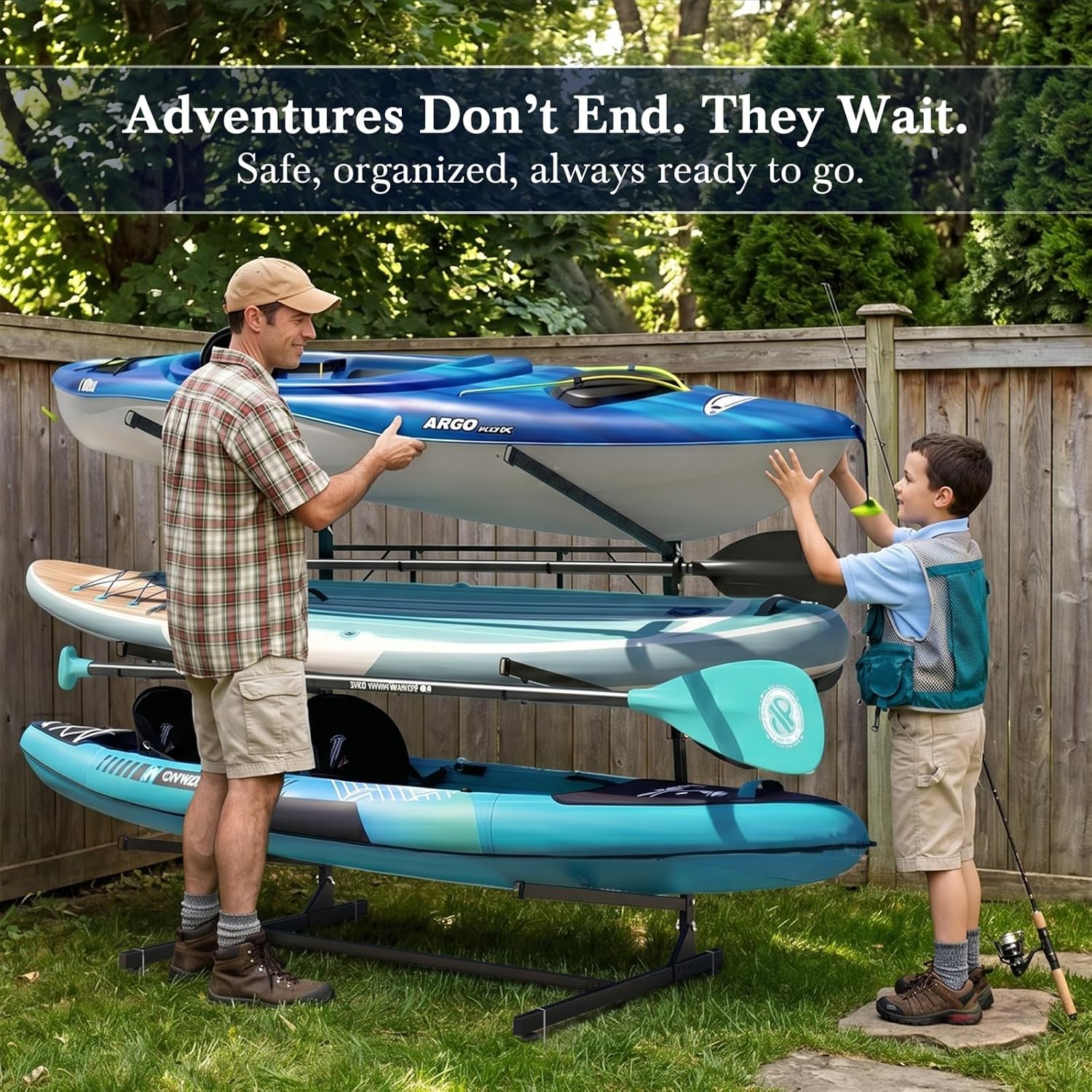 Faesun 3-Tier Kayak Storage Rack, Freestanding Kayak Rack with Paddle Hook, Adjustable Heavy Duty Kayak Stand with Ground Pegs, Storage Rack for Kayak, Canoe, Surfboard & Paddleboard