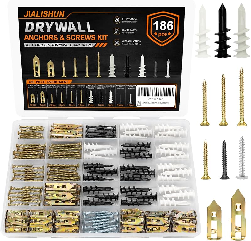 Drywall Anchors with Screws Kit, 186PCS Self Drilling Wall Anchors and Screws Assortment, Metal Expansion Plates, Nylon Anchors and Flat Head Cement Screws for Picture Hanging, Shelves, Wall Decor