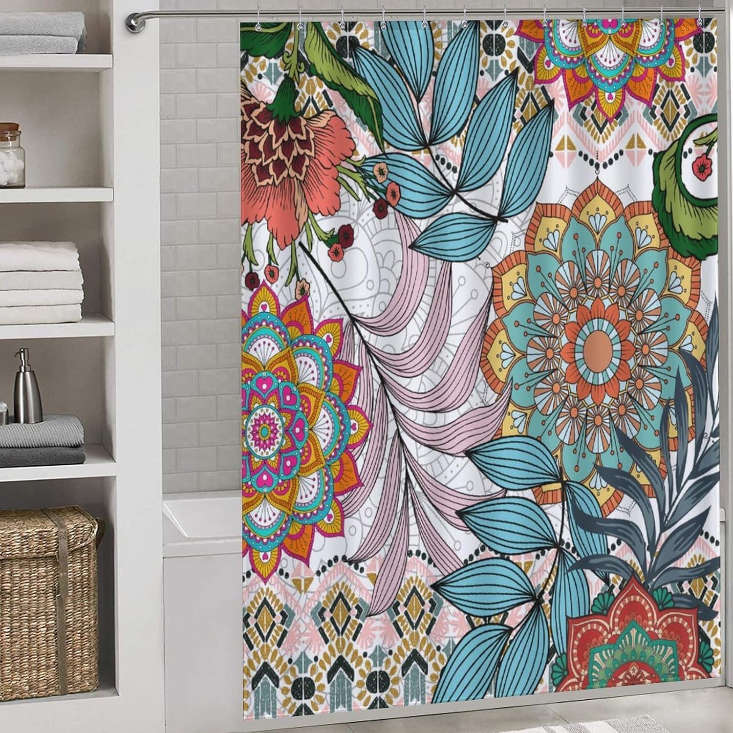 Boho-Blumen-Duschvorhang Vintage Mandala Tropische Blätter Paisley Medaillon Rustikal Wasserdicht für Badezimmer mit Haken (240x199cm/94x87in(BxH))