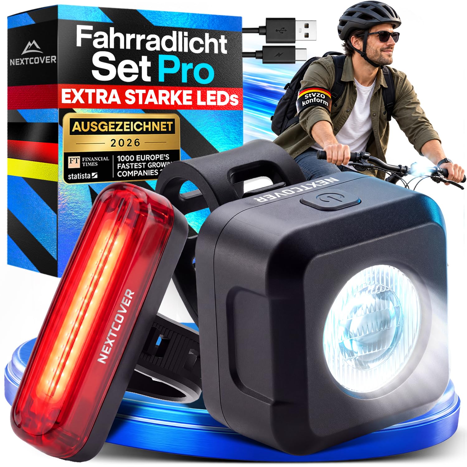 NEXTCOVER® Fahrradlicht Set mit [VisionOne] LED Set I USB-C aufladbar & wasserdicht I StVZO zugelassen I Fahrrad Licht vorne I Fahrradlampe & Fahrrad Rücklicht, Fahrradbeleuchtung Akku, Licht Fahrrad