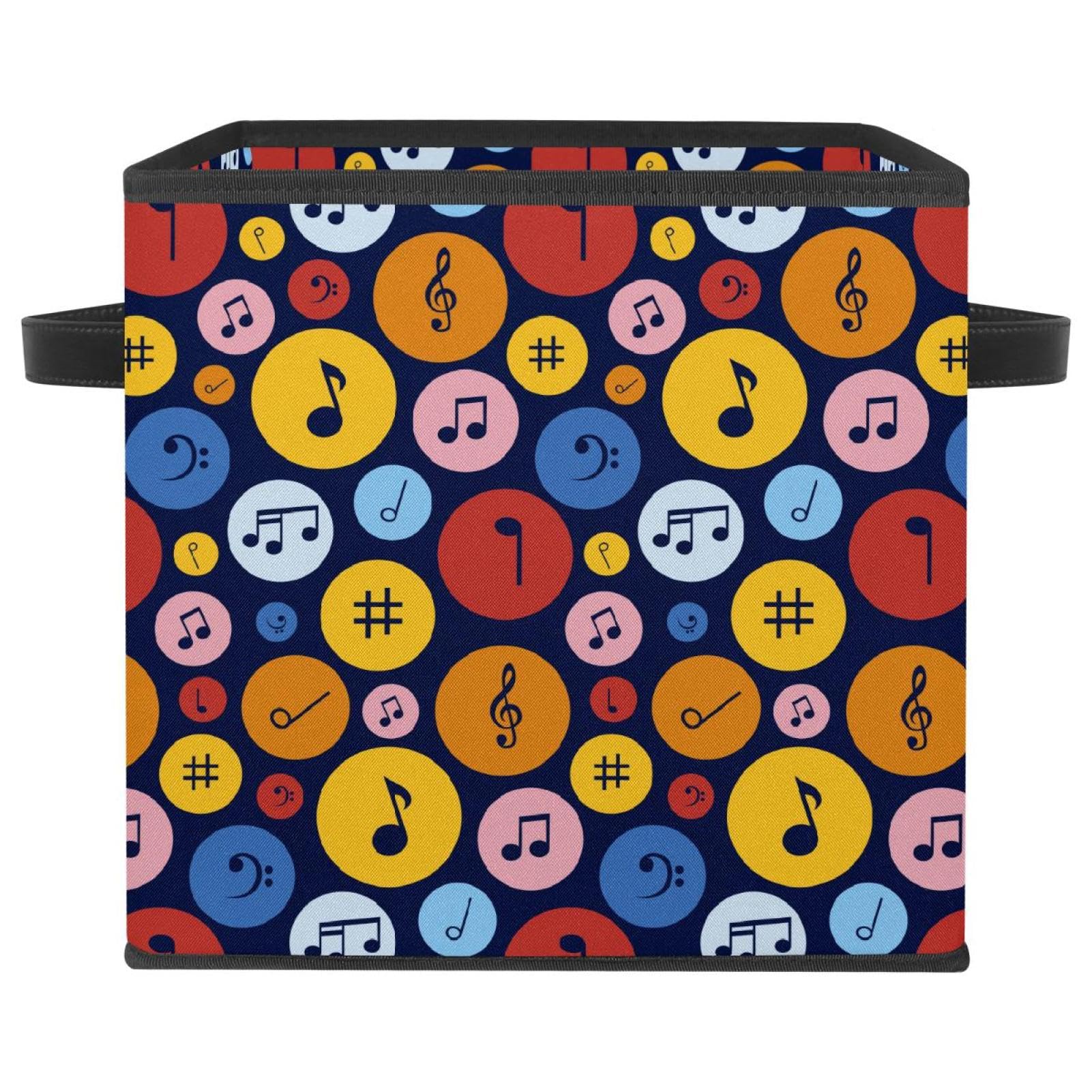 Cube de rangement en tissu avec poignées et motif notes de musique colorées