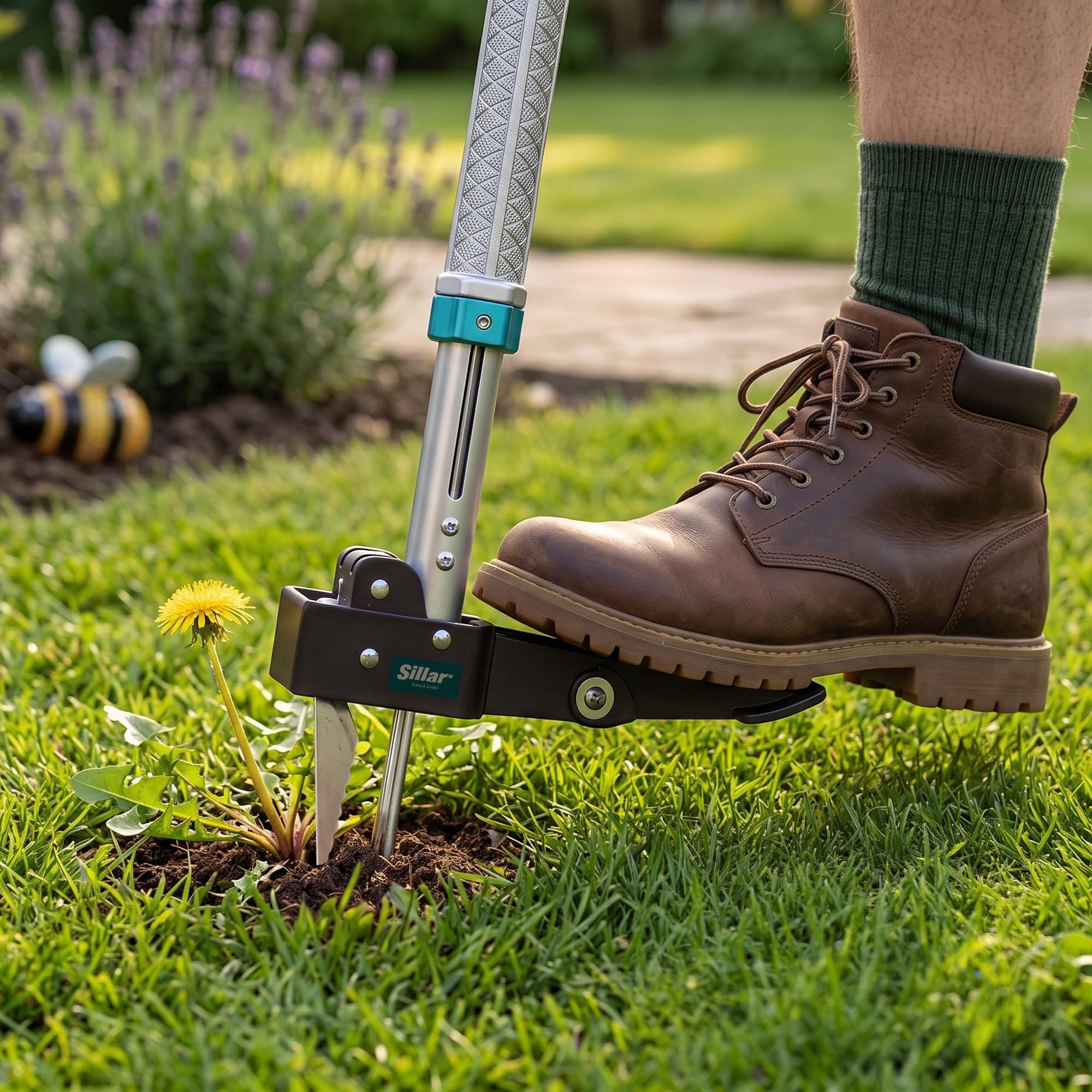 Sillar Désherbeur Manuel Télescopique 99,5–117 cm + Sac de Jardin 50L, Arrache Mauvaise Herbe avec Griffes en Acier & Éjecteur, Arrache Pissenlit pour Pelouse, Jardin et Massifs