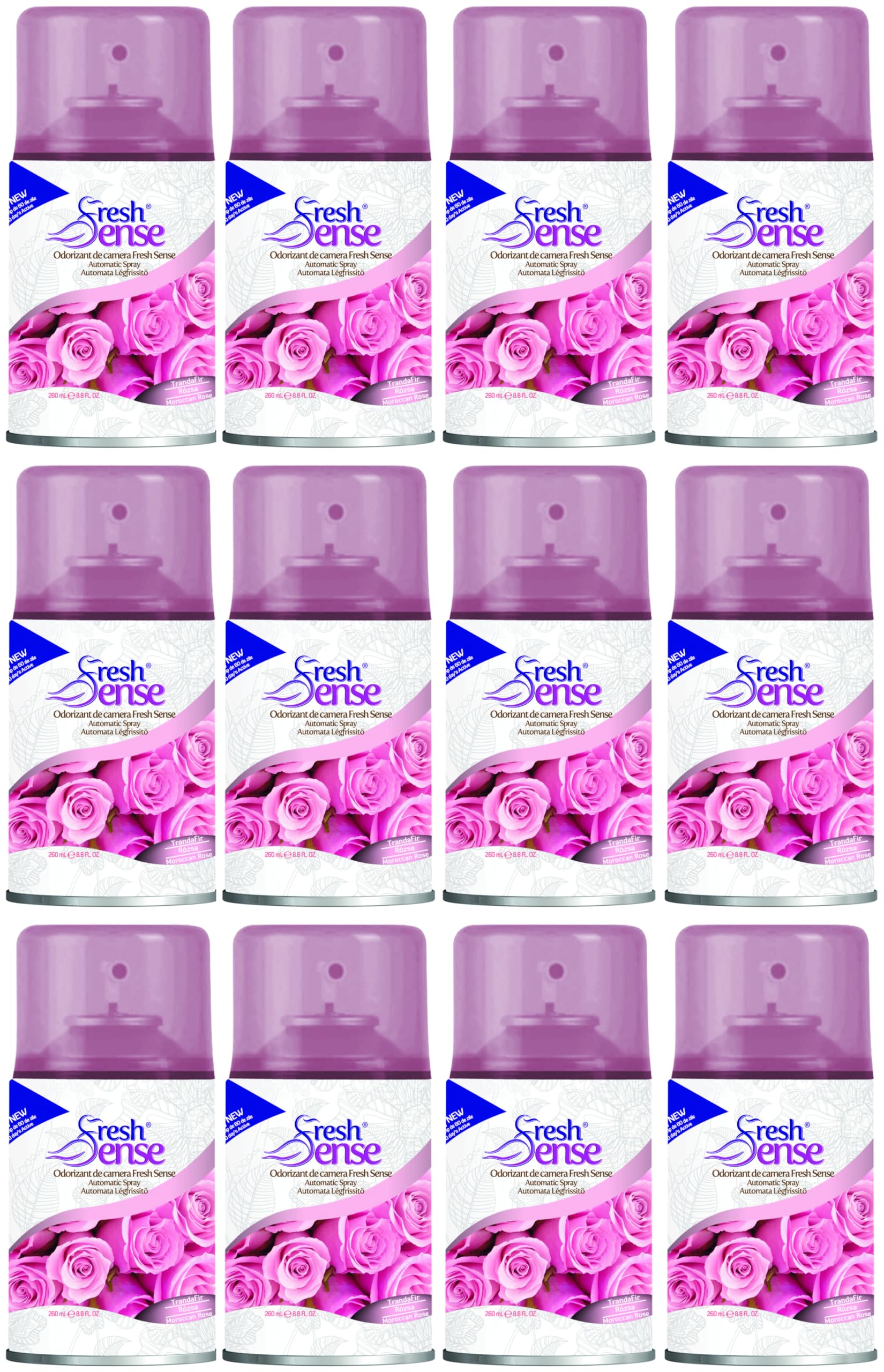 ROSE Air Freshener Auto Spray Refill 260ml (PACK of 12) | FRESH SENSE | Long Lasting Room Fragrance for Home, Office, Bathroom, Toilet & Kitchen | Fits Any Automatic Freshener Gadget Machine
