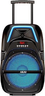 Akai PartyMate ब्लूटूथ पार्टी स्पीकर PM-60T 60W कराओके सिस्टम पोर्टेबल ट्रॉली आउटडोर स्पीकर/इनबिल्ट बैटरी/वायरलेस माइक/1 क्लिक माइक रिकॉर्डिंग/रिमोट कंट्रोल/FM रेडियो और AUX/TF/USB/8" ड्राइवर।