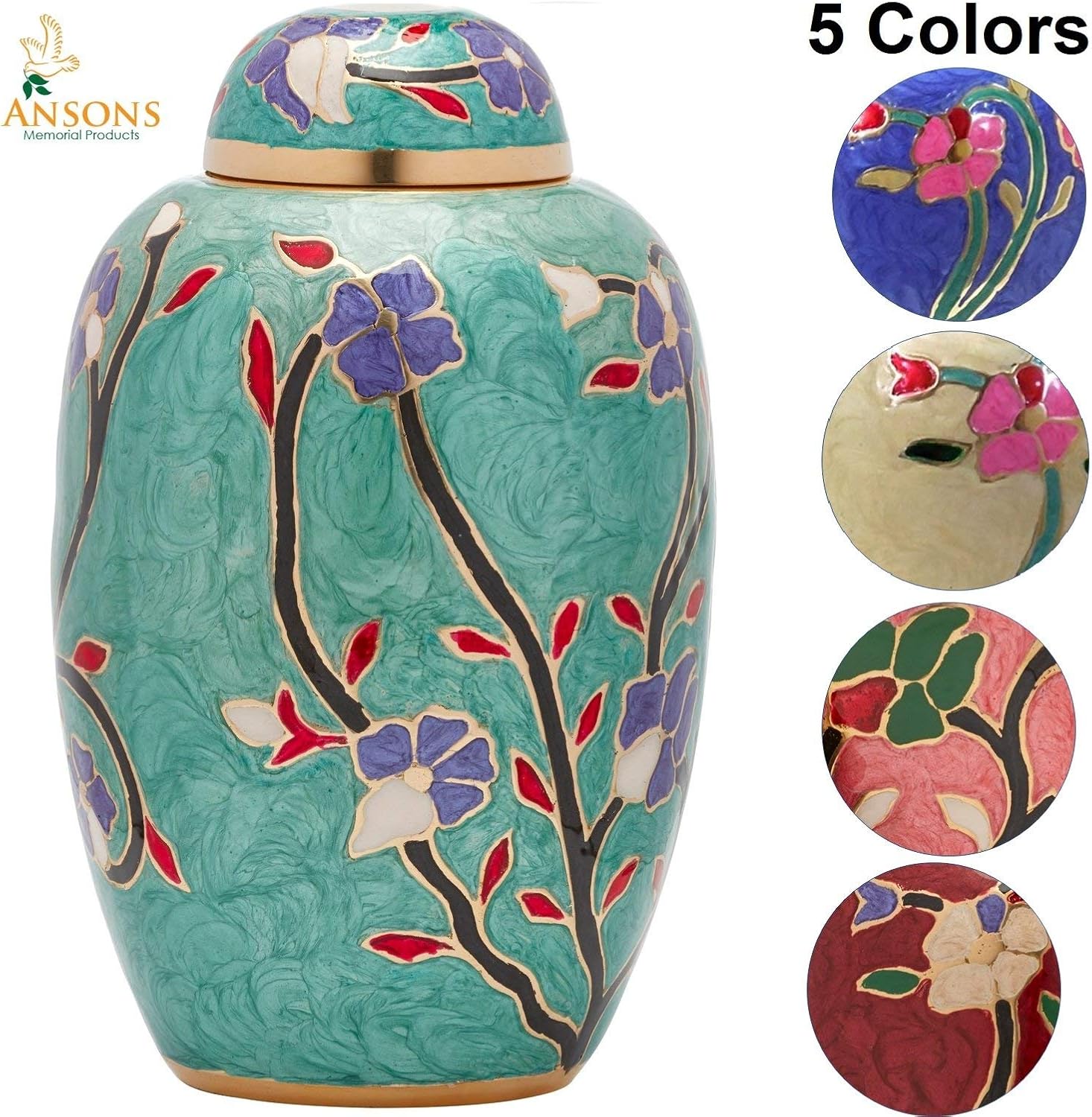 Cremation Urn - Flower Funeral Urn for Human Ashes - Burial urn with Lacquer Finish - 100% Brass - Flora Green