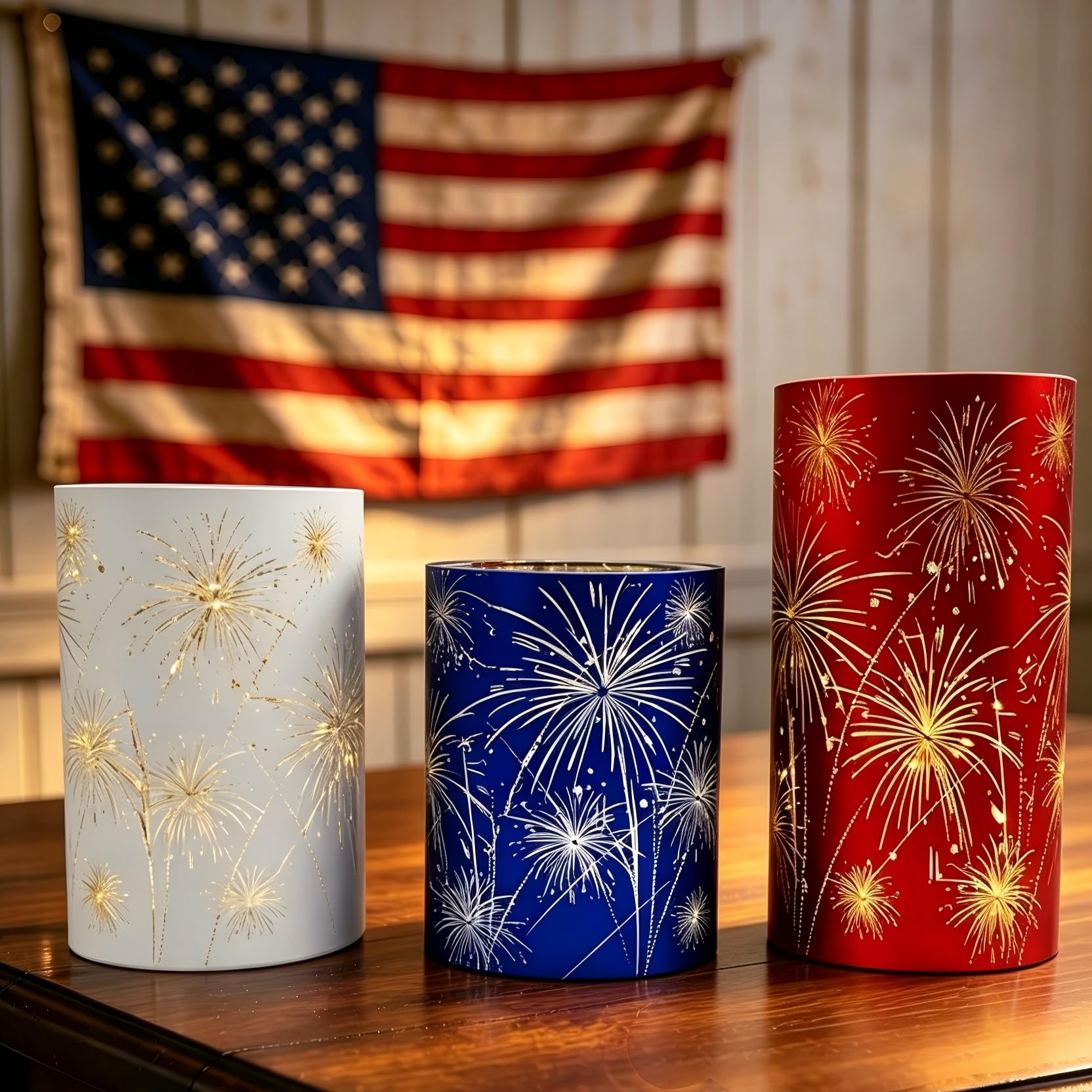 Photo 1 of Set of 3 Celebration Hurricanes Lantern Firework Lights with Timer - Etched Starburst Warm White LED Lights,Patriotic Twinkling Decorative Centerpiece Memorial Day Decor for Mantel, Wedding Holiday