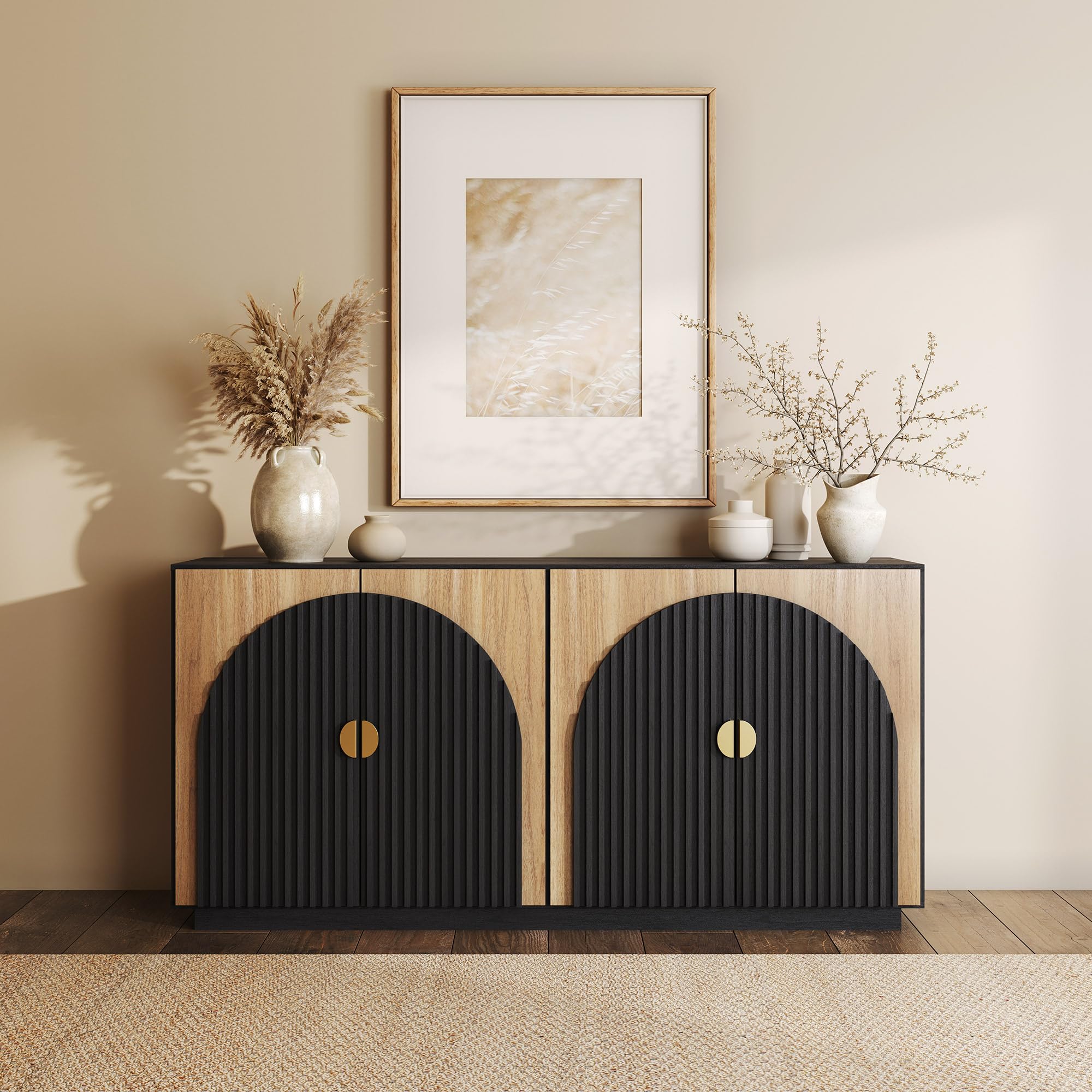 BELLEZE 65 Inch Fluted Buffet Cabinet with Storage, Symmetrical Arc Accent Sideboard Large Console Table for Dining Room, Kitchen, and Living Room (Camel) — view 7