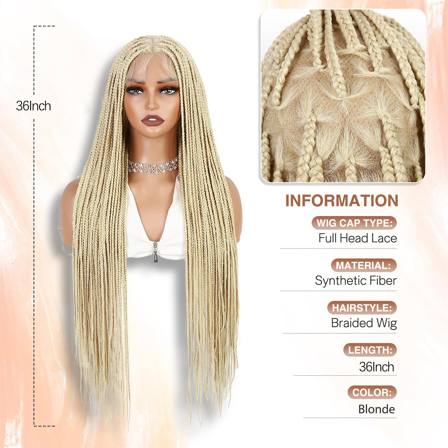 WIGNEE Parrucca a Treccine Box Senza Nodi, 36 Pollici - Pizzo Intero HD con Nodi Triangolari Annodati a Mano - Frontale in Pizzo con Baby Hair - Parrucca Intrecciata Sintetica e Naturale per Donne