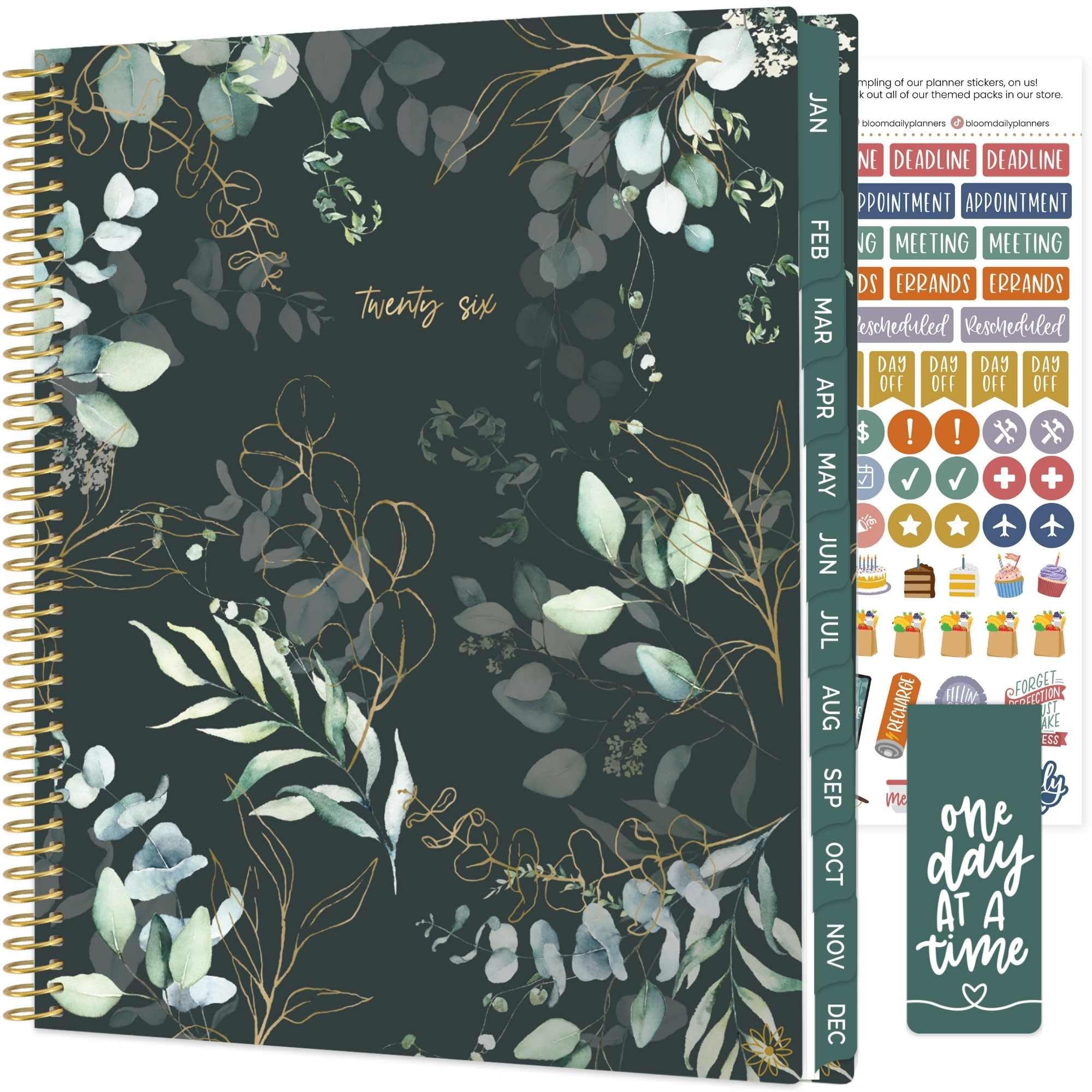 bloom daily planners Planer 2026 (od stycznia do grudnia) - 21,5 cm x 28 cm tygodniowy i miesięczny organizer z naklejkami i zakładkami - elastyczna miękka okładka - eukaliptus, zielony
