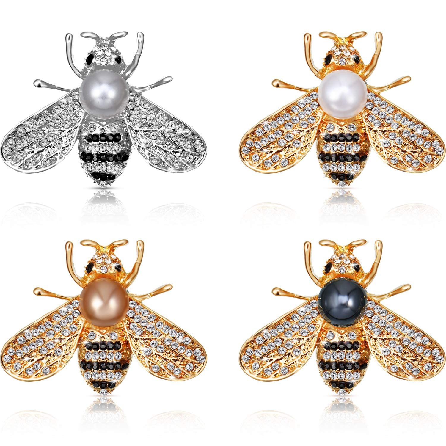 Honey Bee Brooches, Lapel Pins for Women Crystal Insect Themed Bee Brooches with Faux Pearl Fashion Gift for Birthday Dating Party Anniversary - 4 PCS