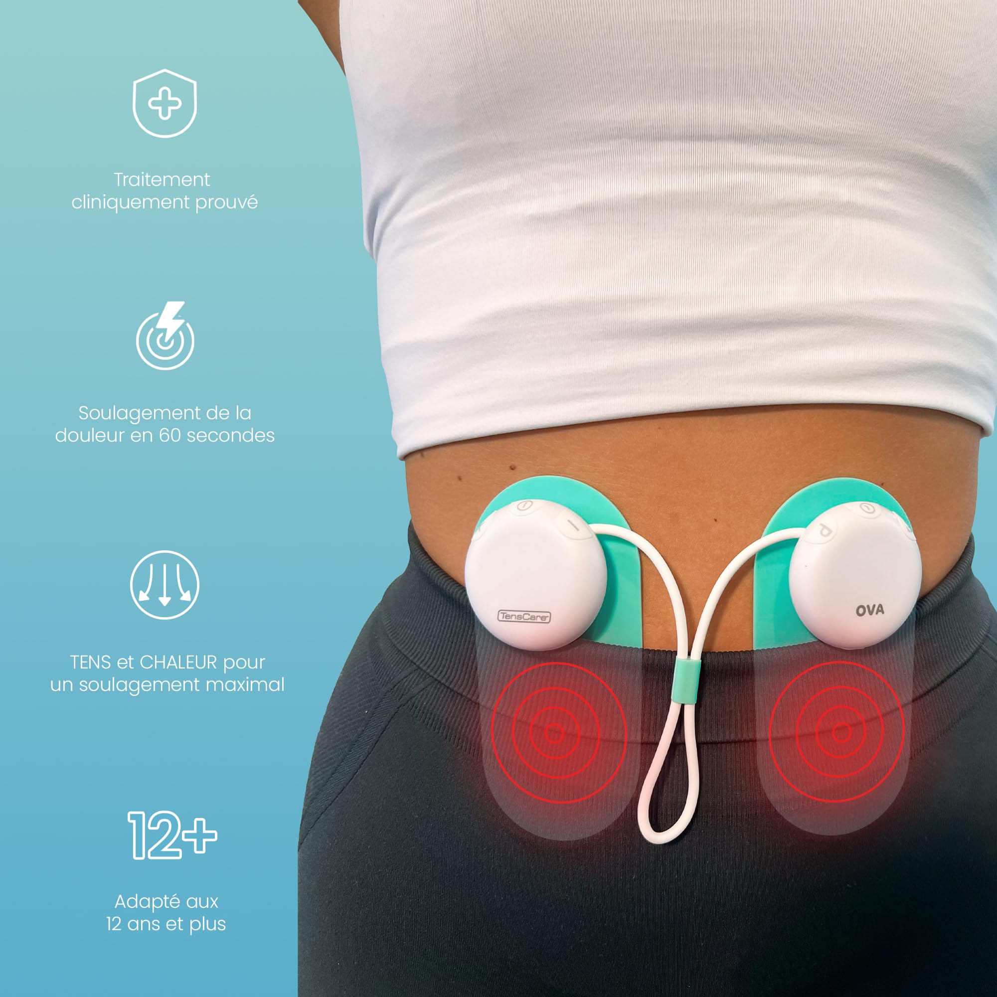 TensCare OVA 3 Soulagement des douleurs menstruelles par TENS et chaleur. Sûr, cliniquement prouvé, sans médicament. Traite aussi les douleurs lombaires. Design petit et discret