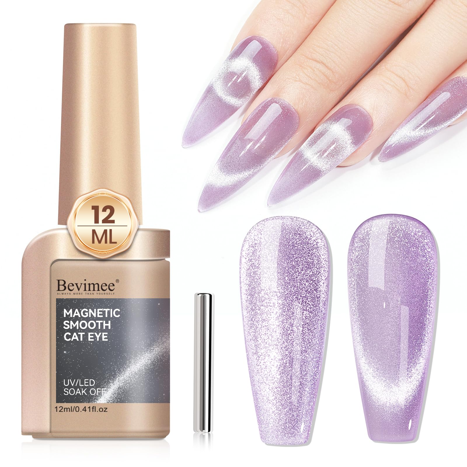 Bevimee Cat Eye Gel Nail Polish 12ML, Lavender Purple Smoothie Magnetic Gel Polish Holographic Shimmer Glitter Cats Eye Nail Polish with Magnet Stick