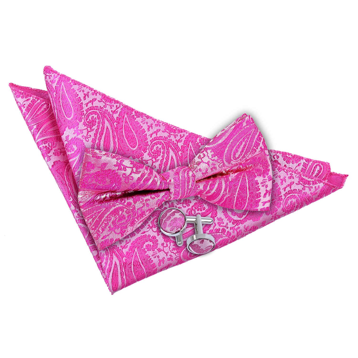 Dqt Men's Fuchsia Pink Paisley Floral Jacquard Bow Tie, Pocket Square & Cufflinks Set (3Pc) - Pre-Tied Wedding, Business & Formal