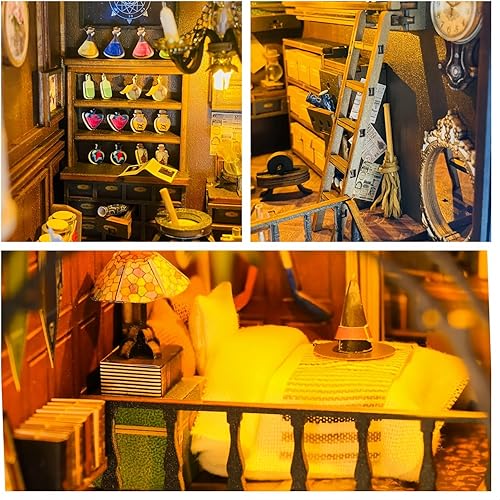 Miniatura 4 de Kit de rincón de libros para bricolaje, rompecabezas de madera 3D, decoración de estantería, kit de casa de muñecas en miniatura para adultos con