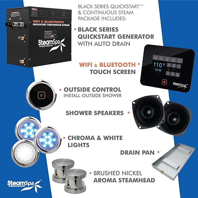 SteamSpa Generator with Quick Start Continuous Steam Technology, Wi-Fi, Bluetooth and Autodrain | 12kW Steam Generator with Brushed Nickel Steam Head with Aromatherapy Reservoir | SS-RVB1200BN-A