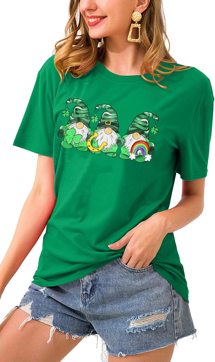 St. Patricks Day Shirt for Womens Cute Gnomes T-Shirt Shamrock Printed Shirts Short Sleeve Graphic Tees Tops - Image 3