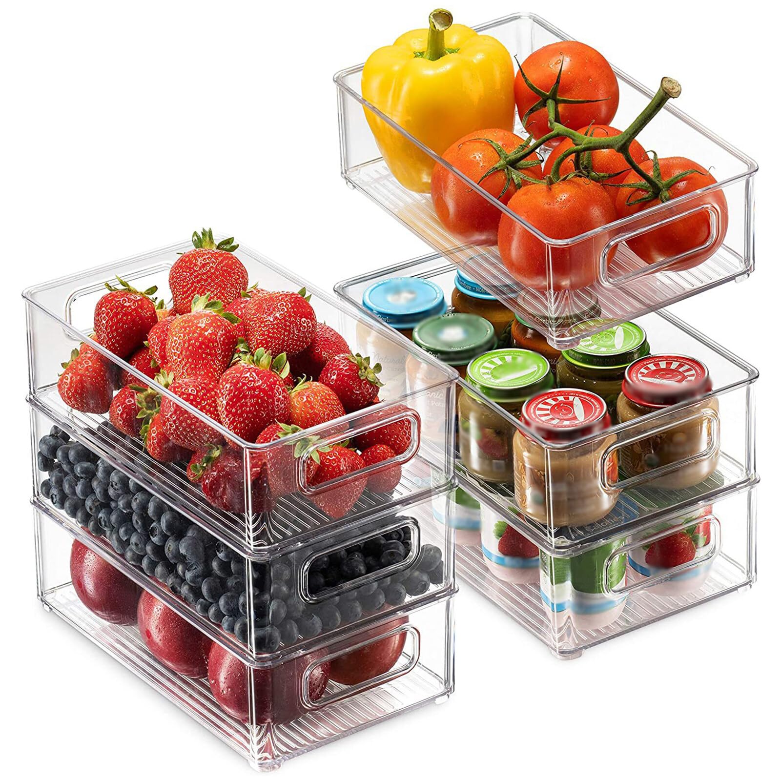 OhhGo6 Pack Clear Plastic Refrigerator Organizer Containers Stackable with Handles for Refrigerator Kitchen Cabinet Pantry