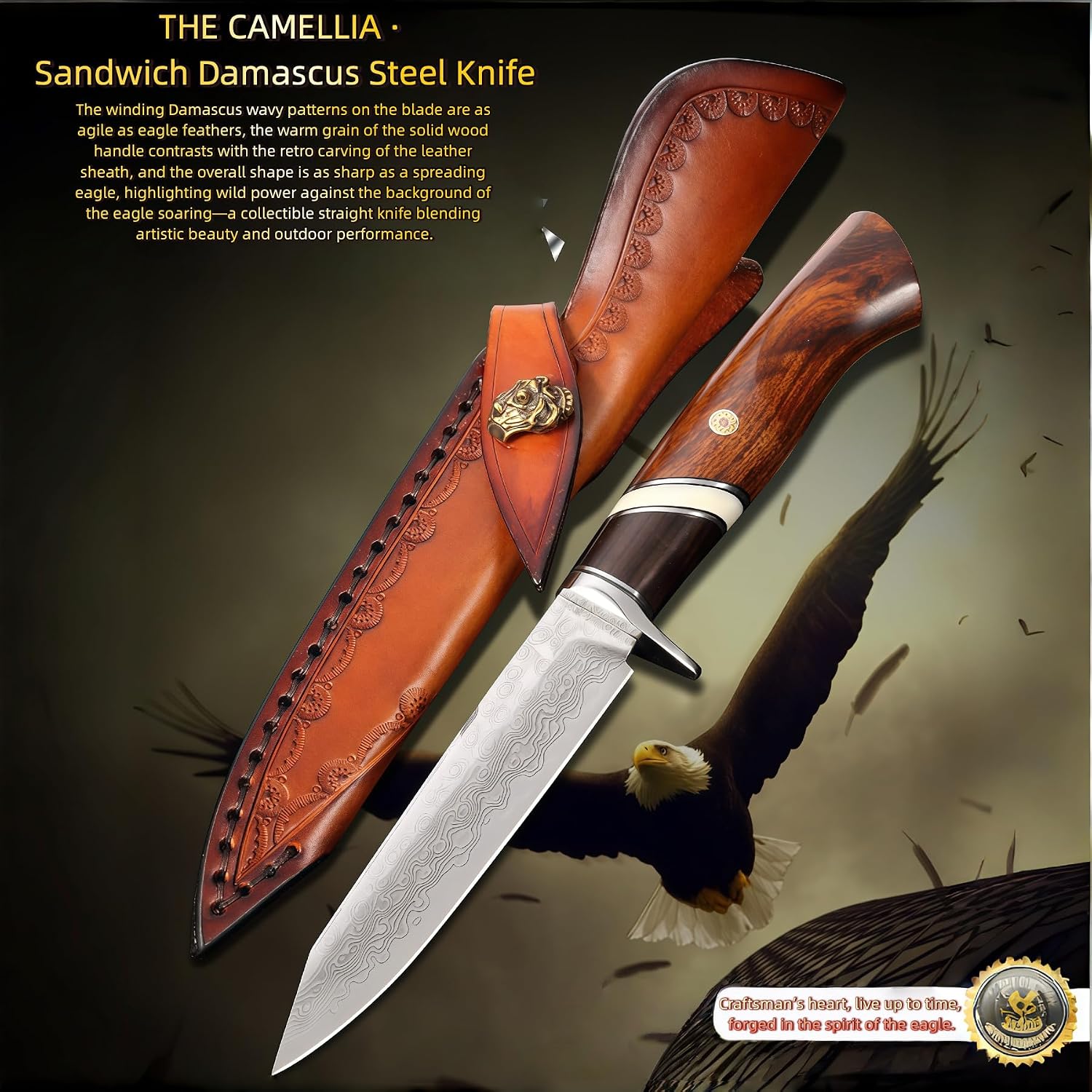 Damascus Knife, Camping Knives & Tools, Fixed Blade, HRC60, Sandalwood Handle, Premium Leather Sheath, Hand-Forged Damascus Folding Knife, Men Gifts