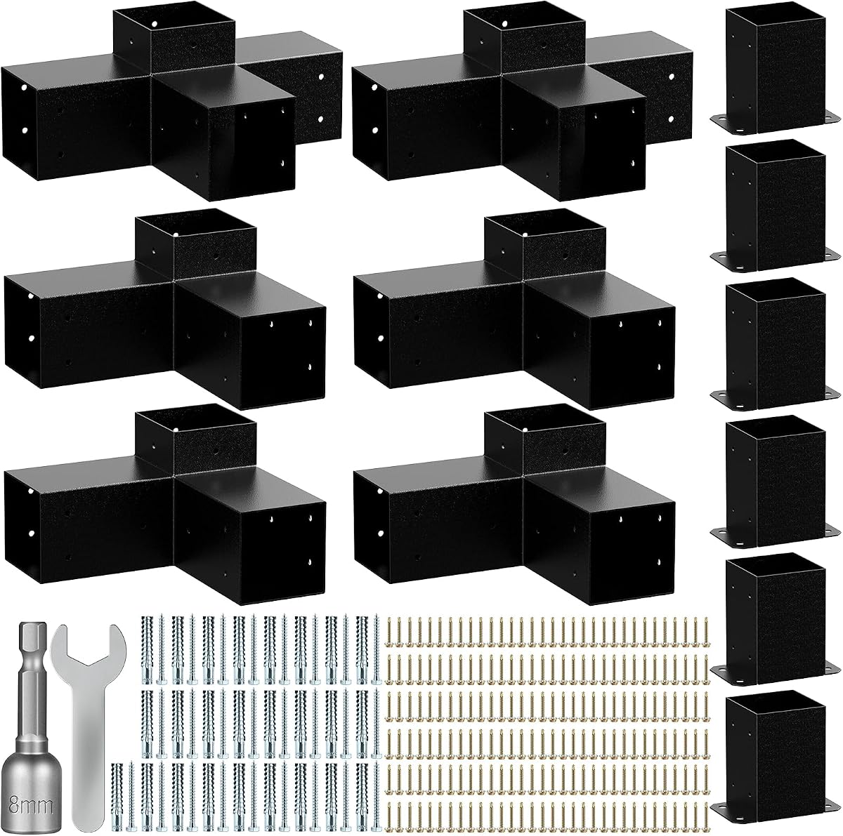 Kit de pérgola para madera de 4"x4", soportes de acero resistentes de 2 mm de grosor | Soportes de esquina reales de 3,6 x 3,6 pulgadas, 3 y 4 vías + 6 bases de postes, accesorios para cenador DIY, para patio y jardín
