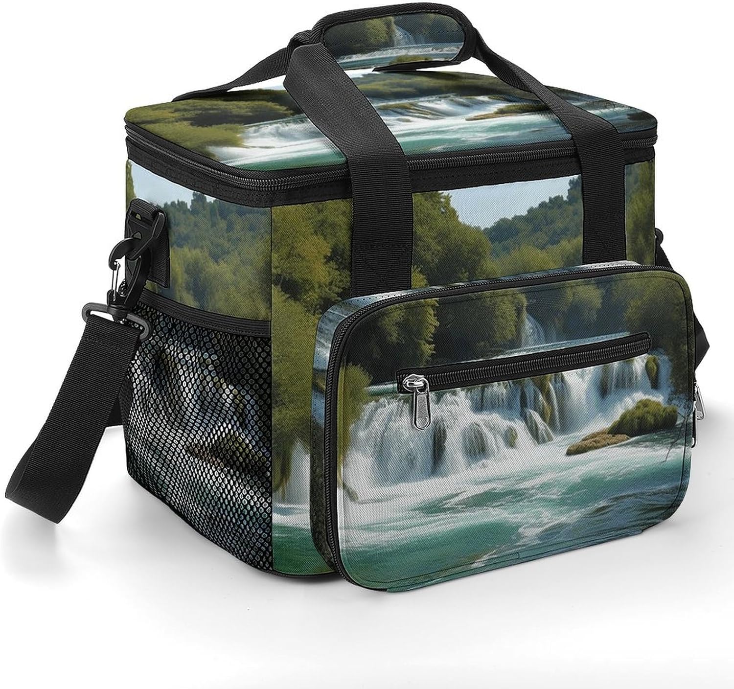Camping Ice Pack, Waterfalls on Krka River Print Cooler Bag, 22.5L Large Capacity Insulated Lunch Tote Bag for Outdoor, Picnic, BBQ, Travel, Work