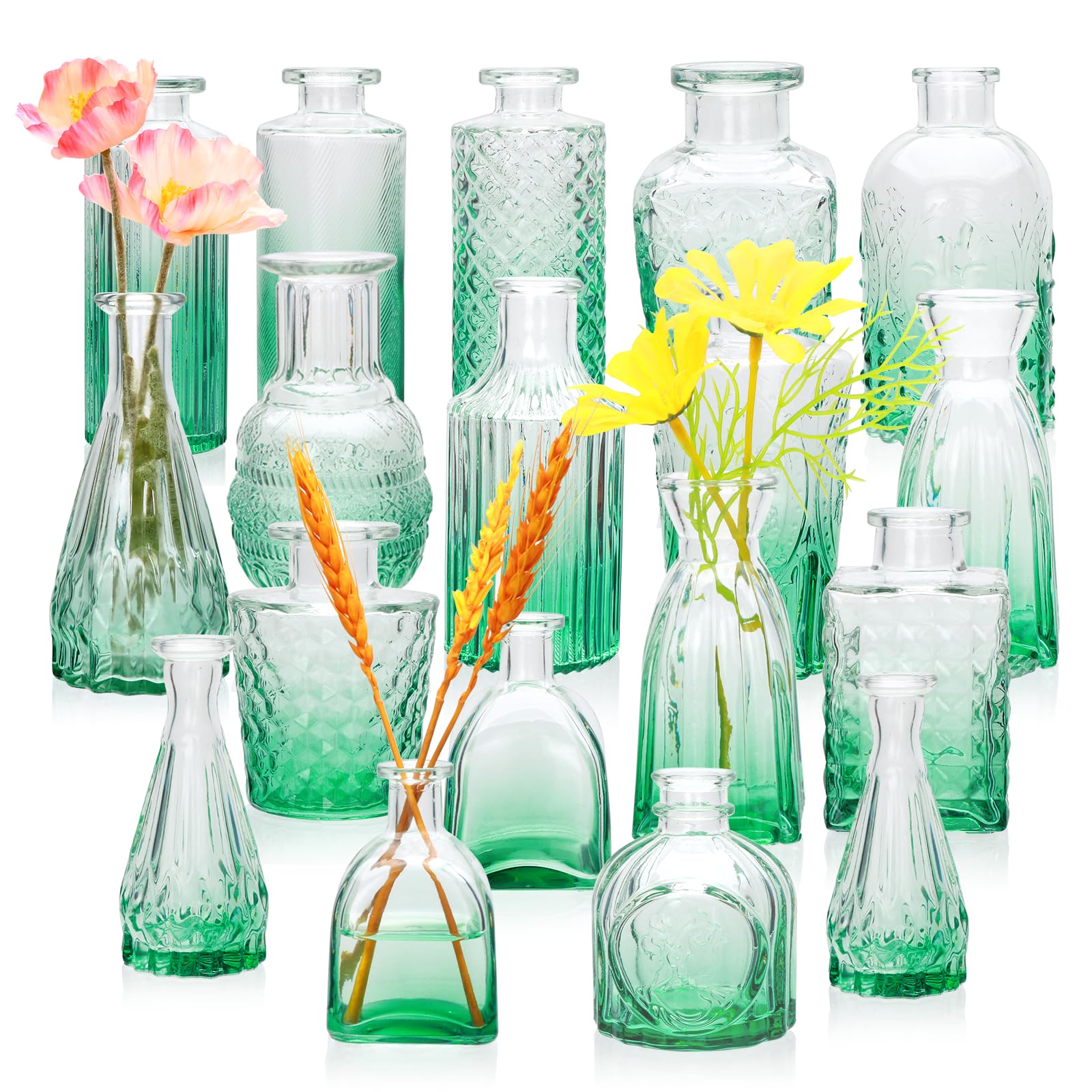 Brajttt Glass Bud Vase Set of 18,Small Glass Vintage Vases for Flowers,Green Bud Vases in Bulk for Rustic Wedding Decor,Table Centerpieces,Decor Centerpiece for Bathroom