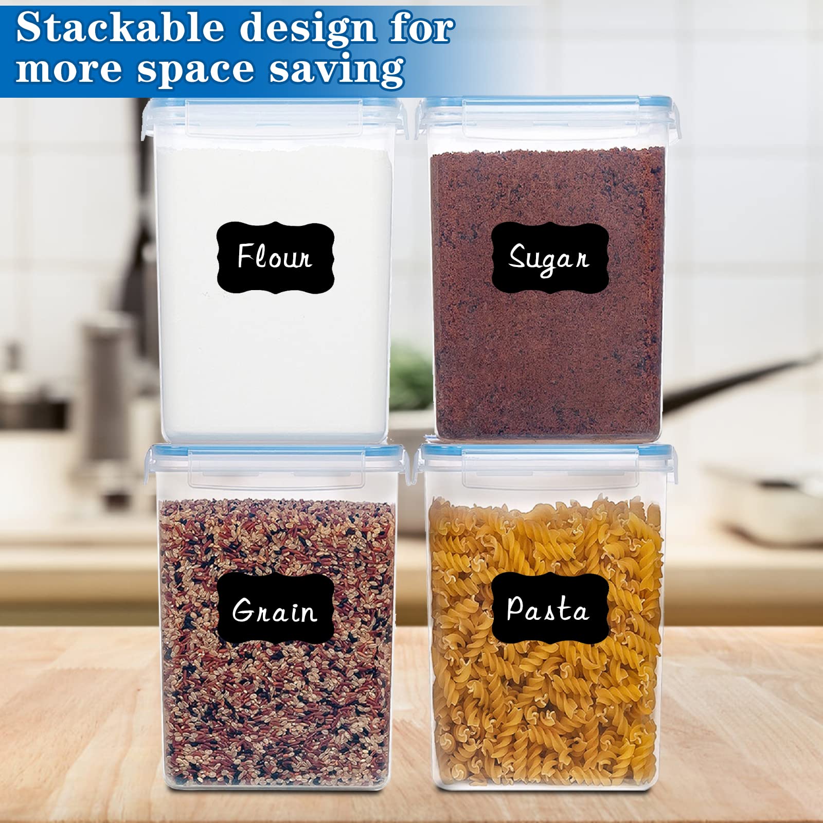 5.2L Contenitori Alimentari per Cereali 4 Pezzi, Contenitori Ermetici per Alimenti Cucina Plastica con Coperchio, Barattoli Ermetici per Alimenti, Porta Pasta, Contenitori Cereali per Muesli,Farina