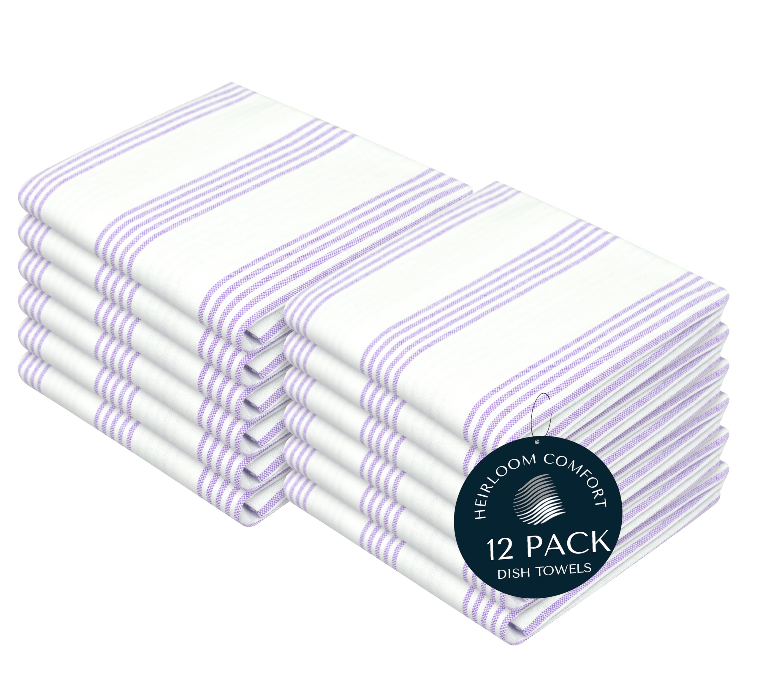 Lot de 12 torchons de cuisine à rayures lavande, 100 % coton, super absorbants et à séchage rapide, durables pour une utilisation en cuisine, nettoyage et séchage de la vaisselle