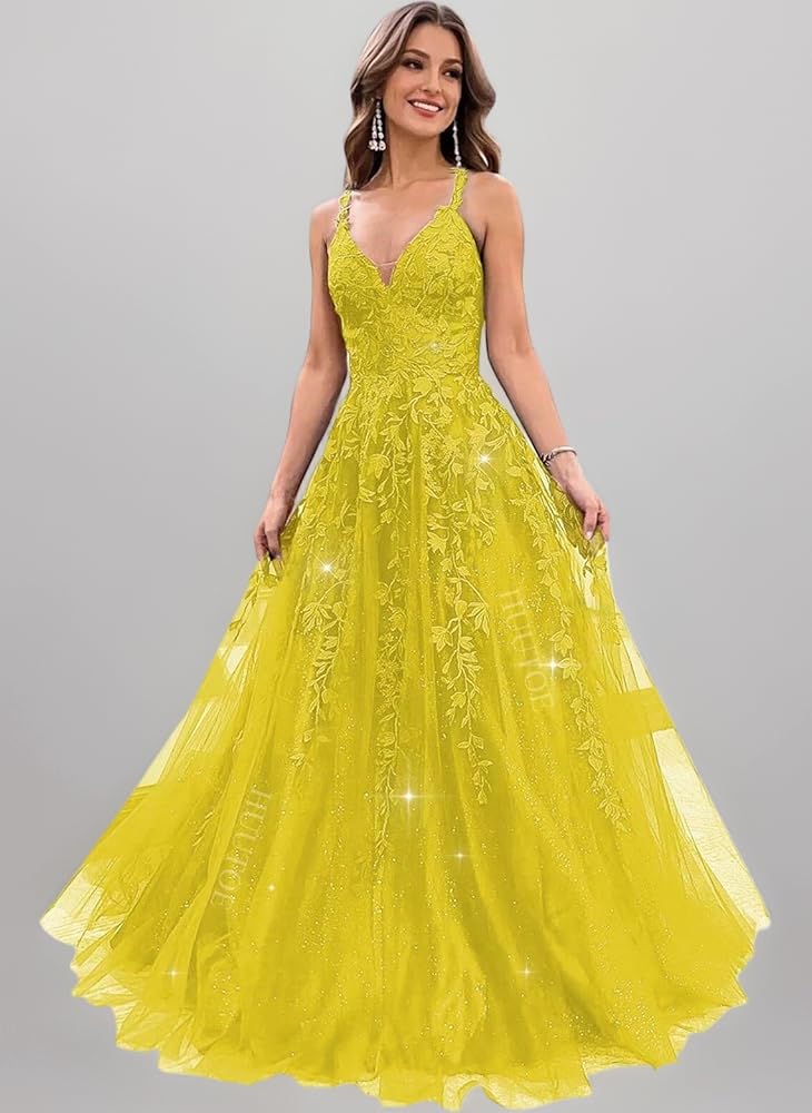 green emerald velvet dress Glitter Tulle Prom Dresses 2025 V Neck Lace Appliques Long Ball Gowns for  Women Formal Spaghetti Straps Wedding Dresses, Mustard Yellow, 0 :  Amazon.co.uk: Fashion