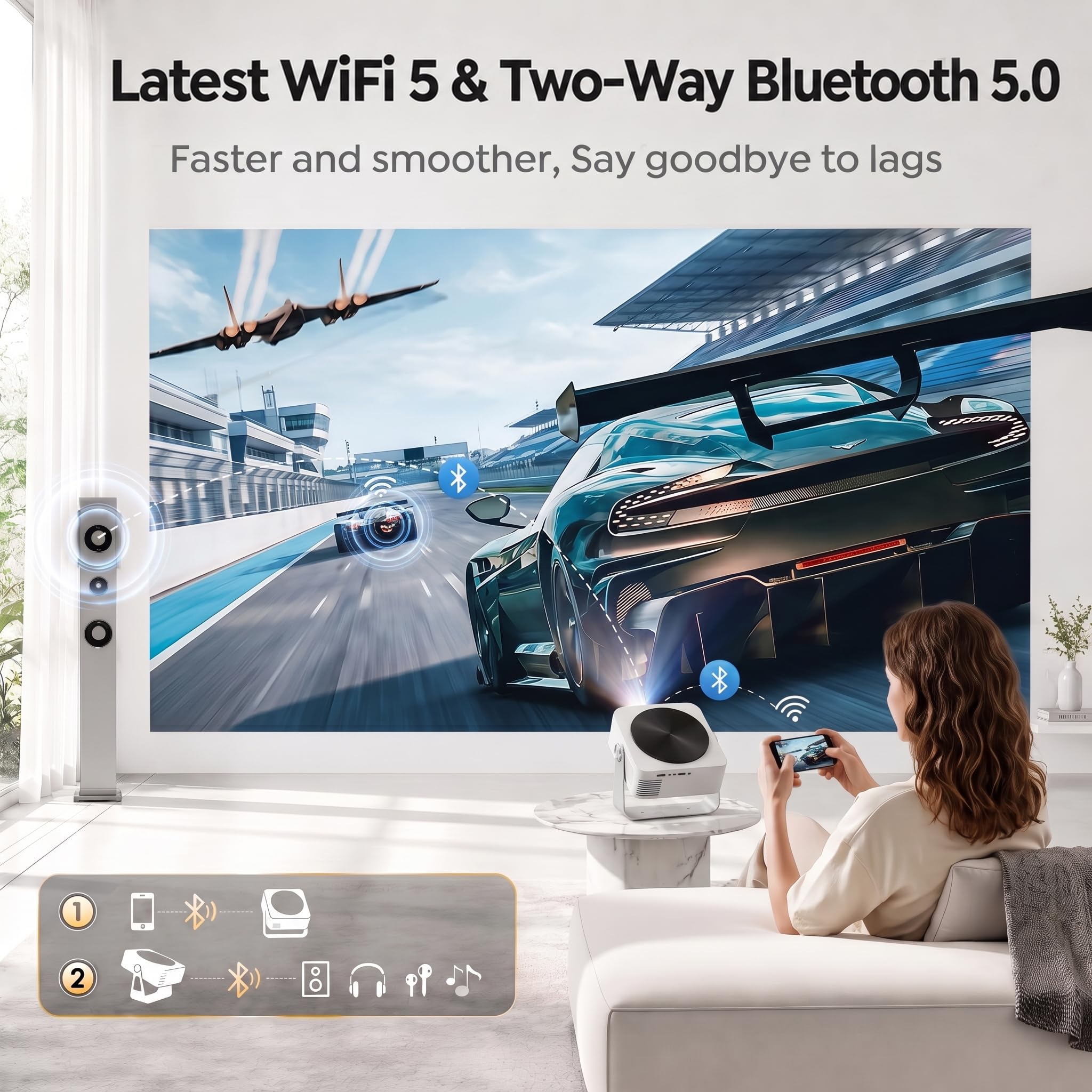 Kayoote Proiettore Smart 1080P Nativo Full HD con Luminosità 360 ANSI, Android 12, Supporto 4K, Correzione Trapezoidale Automatica, WiFi 5G, BT 5.0, AirPlay/Miracast, Schermo 50-200", HDMI/USB