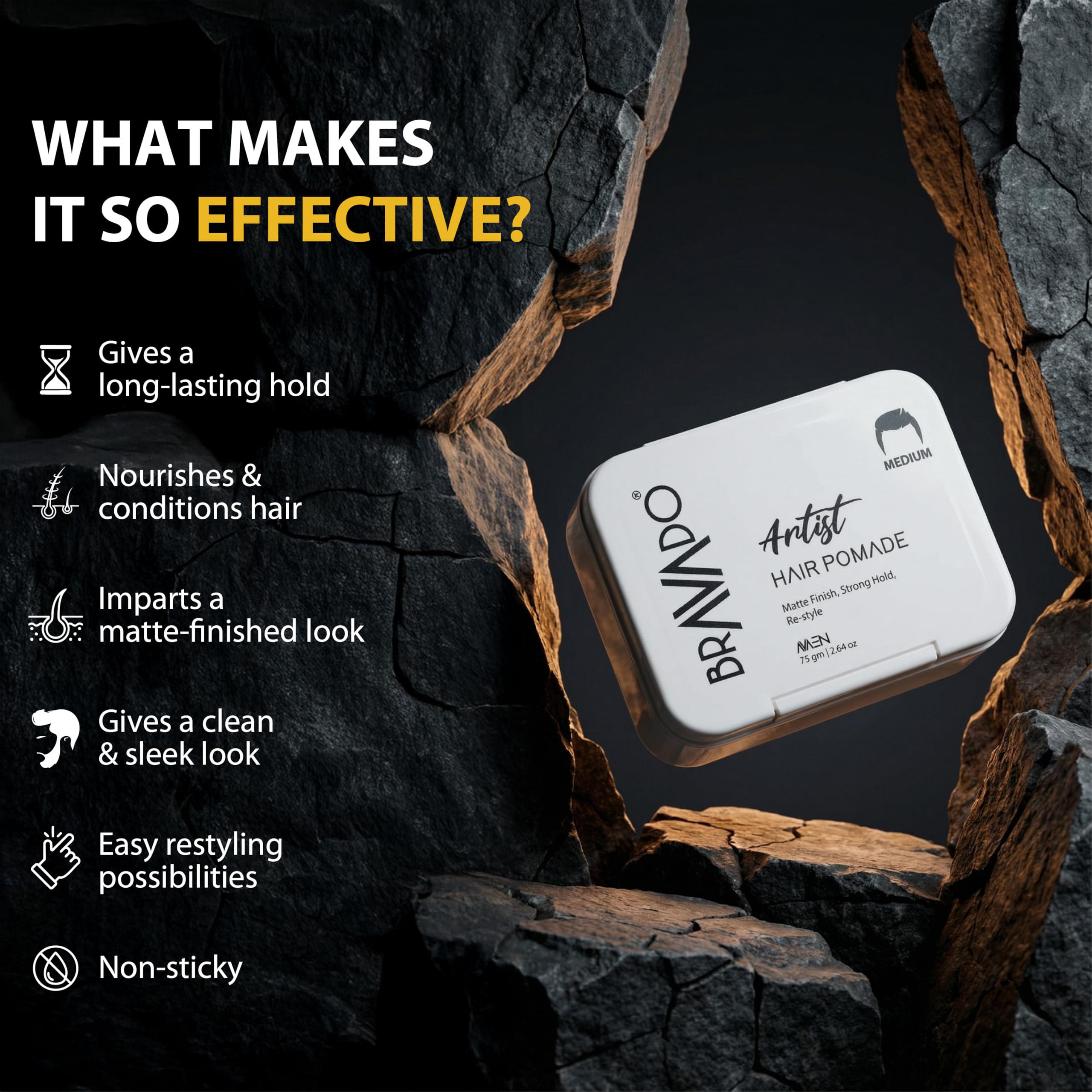 BRAVADO Artist Hair Pomade for Men | Strong Hold Hair Styling Pomade | Natural Shine Finish for Slick Back, Side Part & Textured Hairstyles | Barber Style Grooming Product | 75g 3