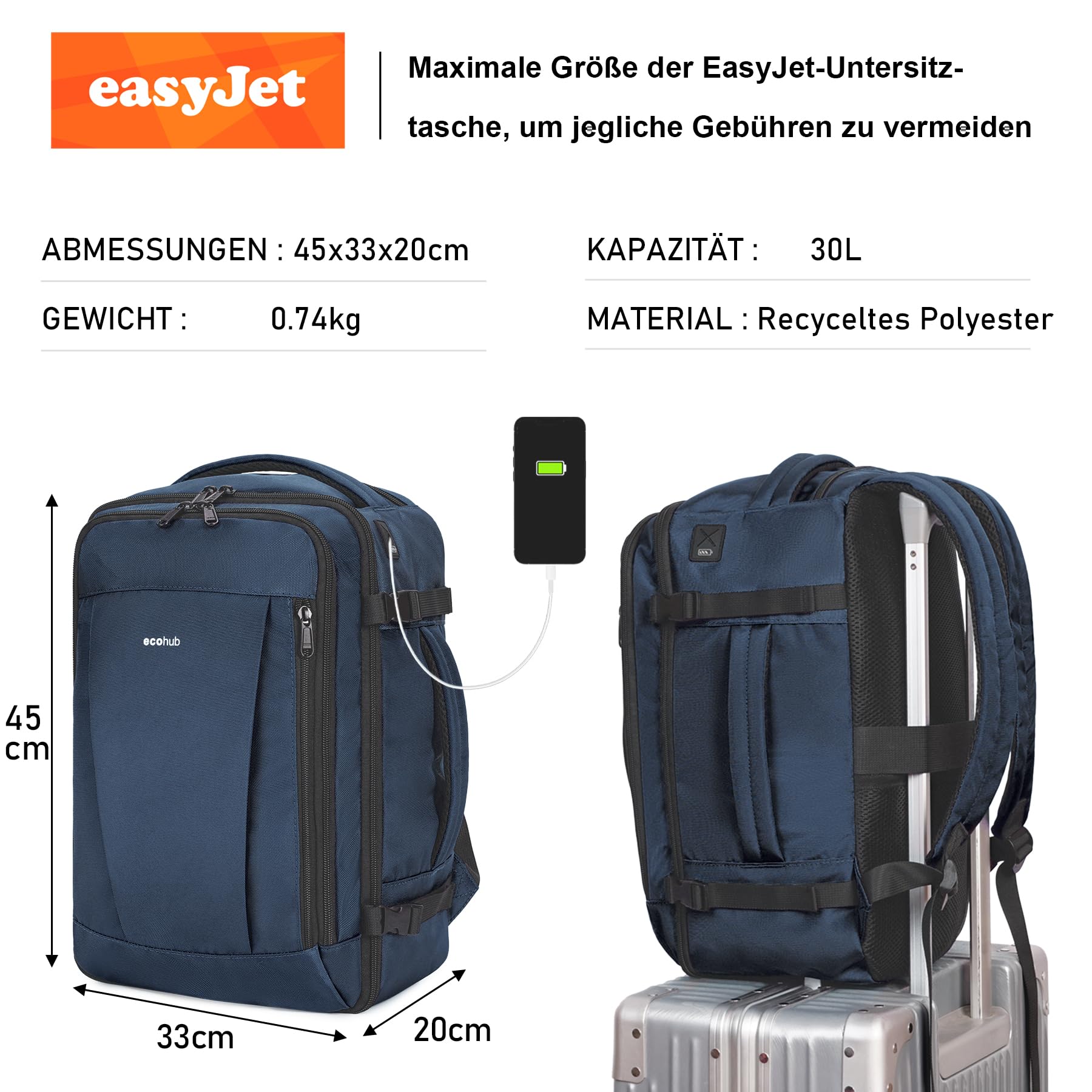ECOHUB 30L Zaino Bagaglio a Mano, Zaino Easyjet 45x36x20, Sottosedil Zaino da Viaggio Aereo con 13 Tasche, PET Riciclato Grande Borsa da Cabina da Cabina per Uomo Donna, Brevettato(Blu)
