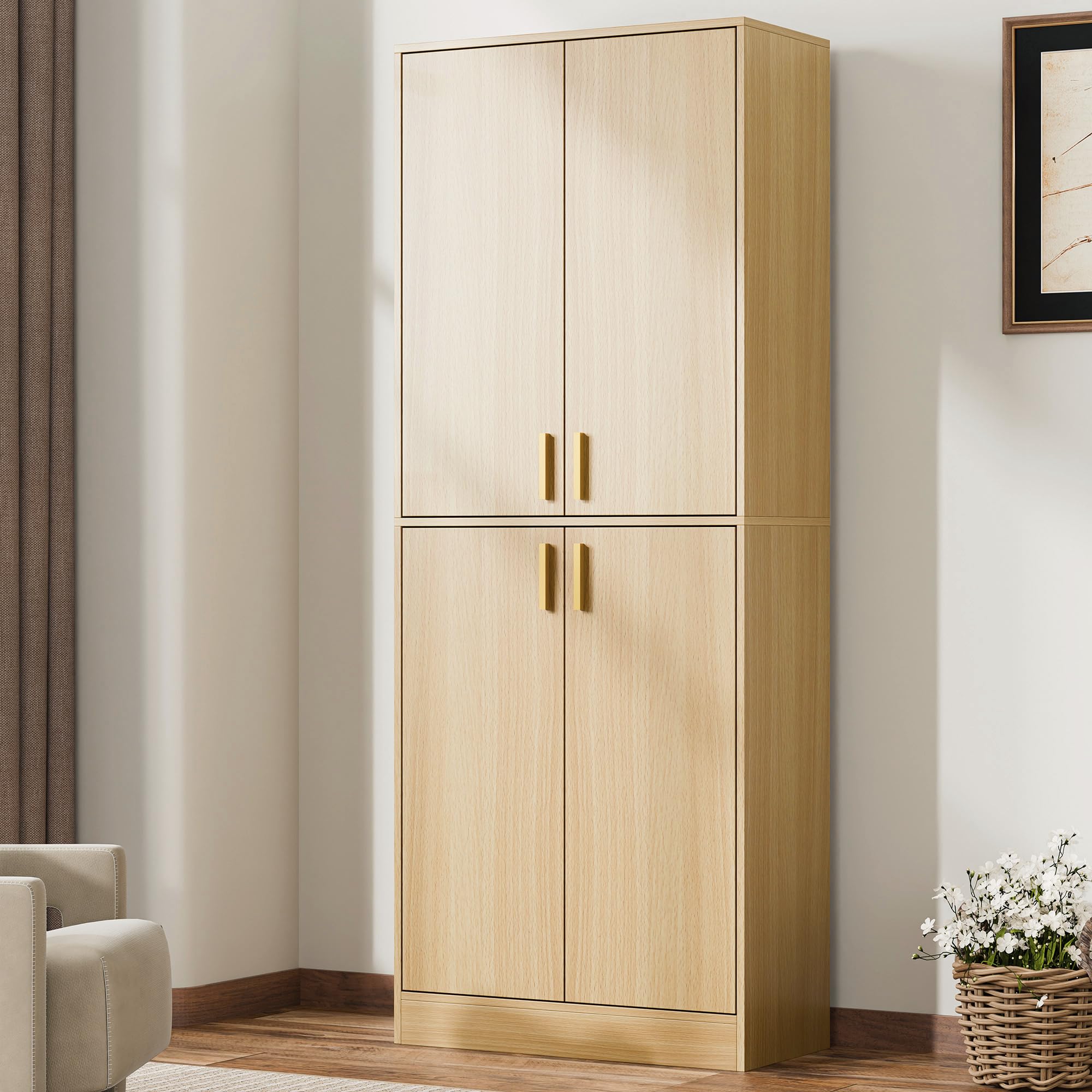 Cozy Castle Kitchen Pantry Cabinet, 71" Tall Wood Storage Cabinet with Doors and Shelves 4 Doors Freestanding Cupboard Utility Hutch for Dining Room Living Room Bathroom Furniture, Oak