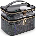 Double-Layer Cosmetic Bag Makeup Bag Toiletry Bag Large Travel Makeup Pouch Organizer Bag for Girls Women, Portable Waterproof Foldable, Leopard,