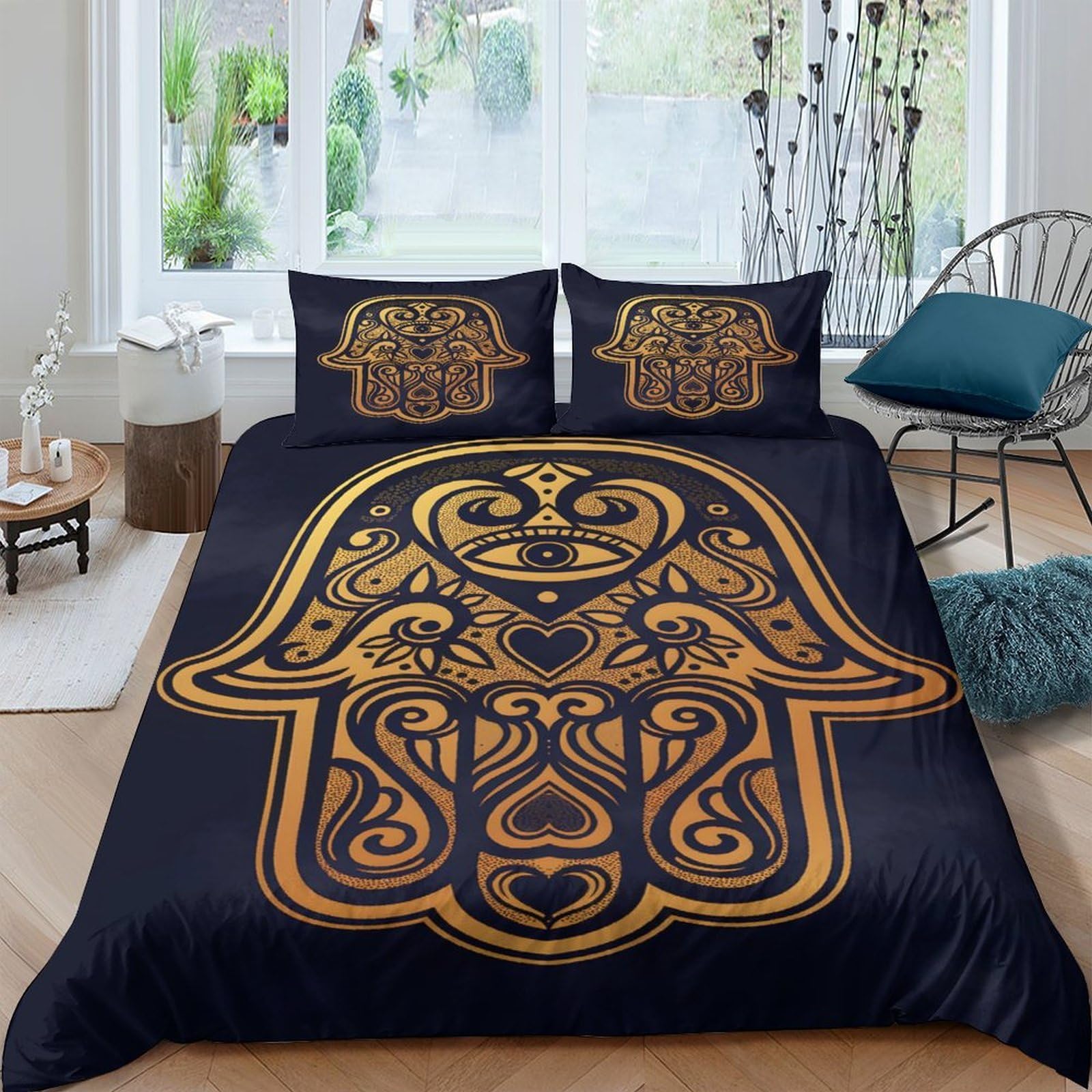 GPLZQXKJNH 3D Printed Hamsa Hand Duvet Cover Microfiber Soft Breathable Mandala Bedding Set with 2 Pillowcases for Bedroom Decor Single（135x200cm）