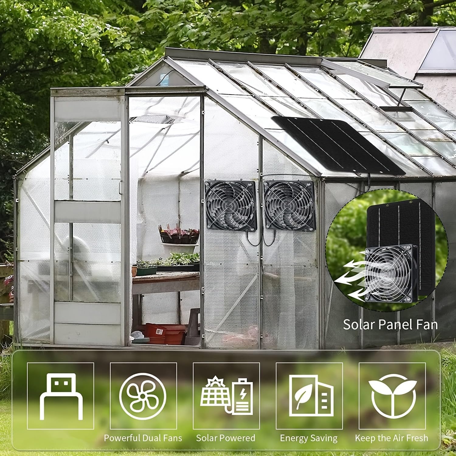 Kit de Ventilador Solar 10W, Ventilación Dual Impermeable, Carga Automática para Gallineros, Invernaderos y Cobertizos