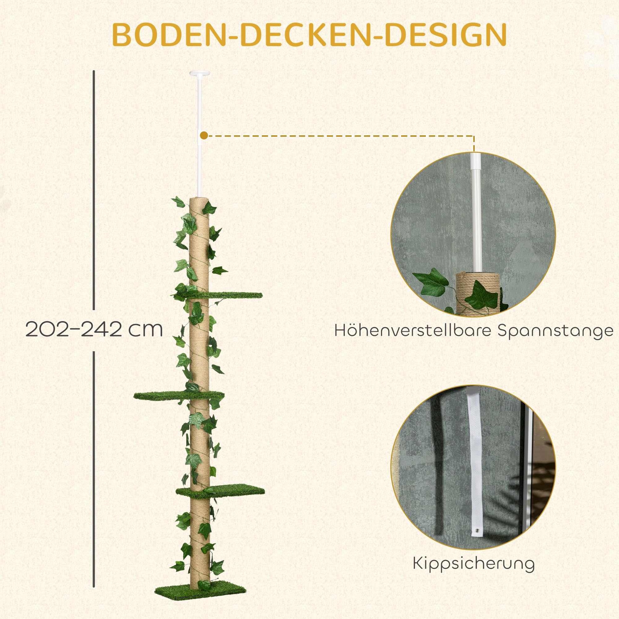 PawHut Kratzbaum Deckenhoch 202-242 cm für Mittelgroße Katzen Grün+Gelb