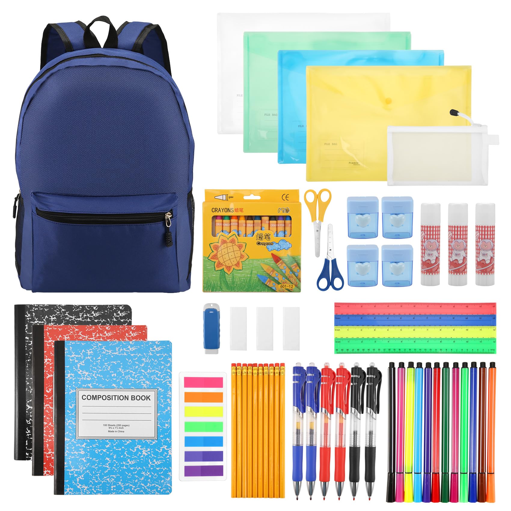 Yocdunm 56 Pieces Back to School Supplies with 15 inch Backpack Back to School Supplies Bag Stationery Set Elementary School Supply Kit Essential Bundle Bulk School Stationery Set