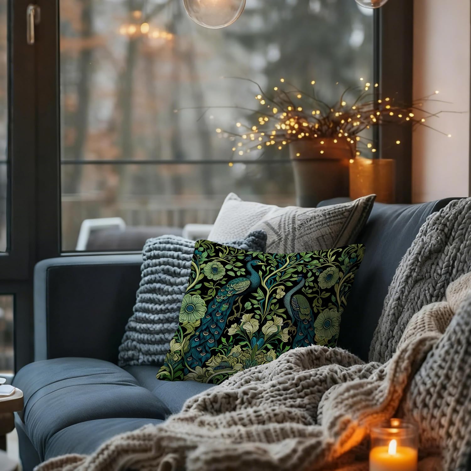 Vintage Dark Green Floral Peacock Pillow Covers 18x18, Peacock Decor, Rustic Cottagecore Botanical Flower Decorative Throw Pillow Covers Pillowcases for Living Room Home Bedroom - Image 3