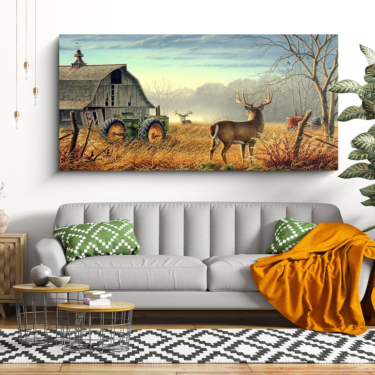 Large Deer Wall Art for Living Room Canvas Prints Decor Decoration Country Tractor Rustic Wildlife Cabin Hunting Picture Glass Surface Artwork Ready to Hang for Bedroom Home Office 24x48 24X48 Yellow-brown