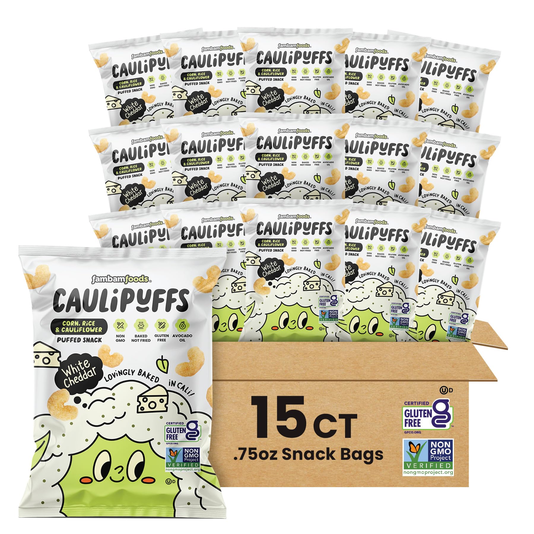 CauliPuffs - Corn, Rice, and Cauliflower Gluten Free Puffed Snack (15 x 0.75oz Bags, White Cheddar)