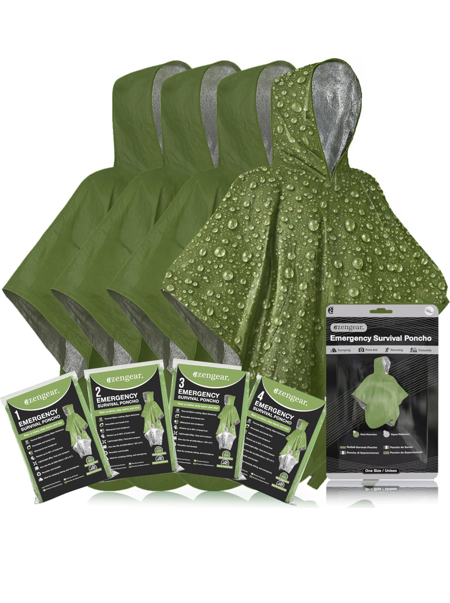 aZengear Emergency Survival Poncho (4pc) Thermal Mylar Foil Coating Blanket for Heat Retention and Rain | Reversible with Hood | Waterproof, Windproof, Hands-free, Outdoor Kit (Green)