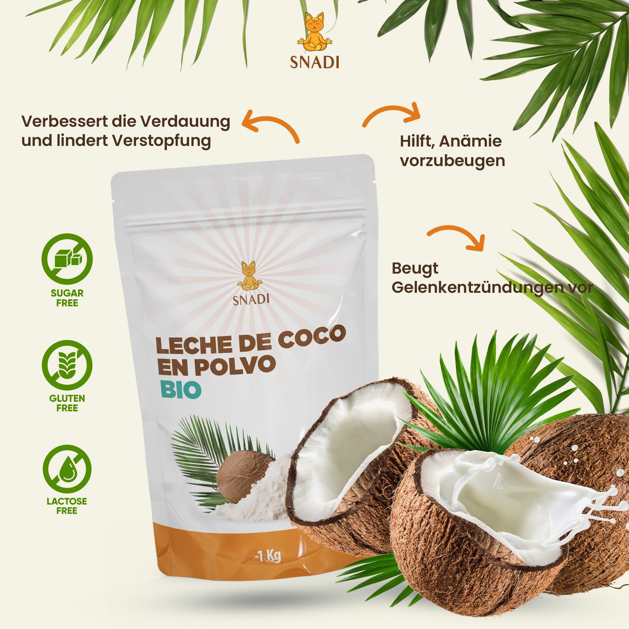 Snadi Bio-Kokosmilchpulver 1KG 100% Natürlich Biologisch Ohne Zusätze