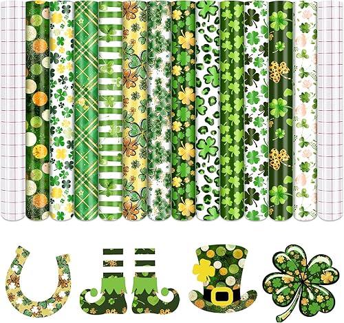 Tintnut Vinilo permanente para el Día de San Patricio, vinilo adhesivo con patrón de trébol verde, 12 hojas de 12 x 10 pulgadas, vinilo para