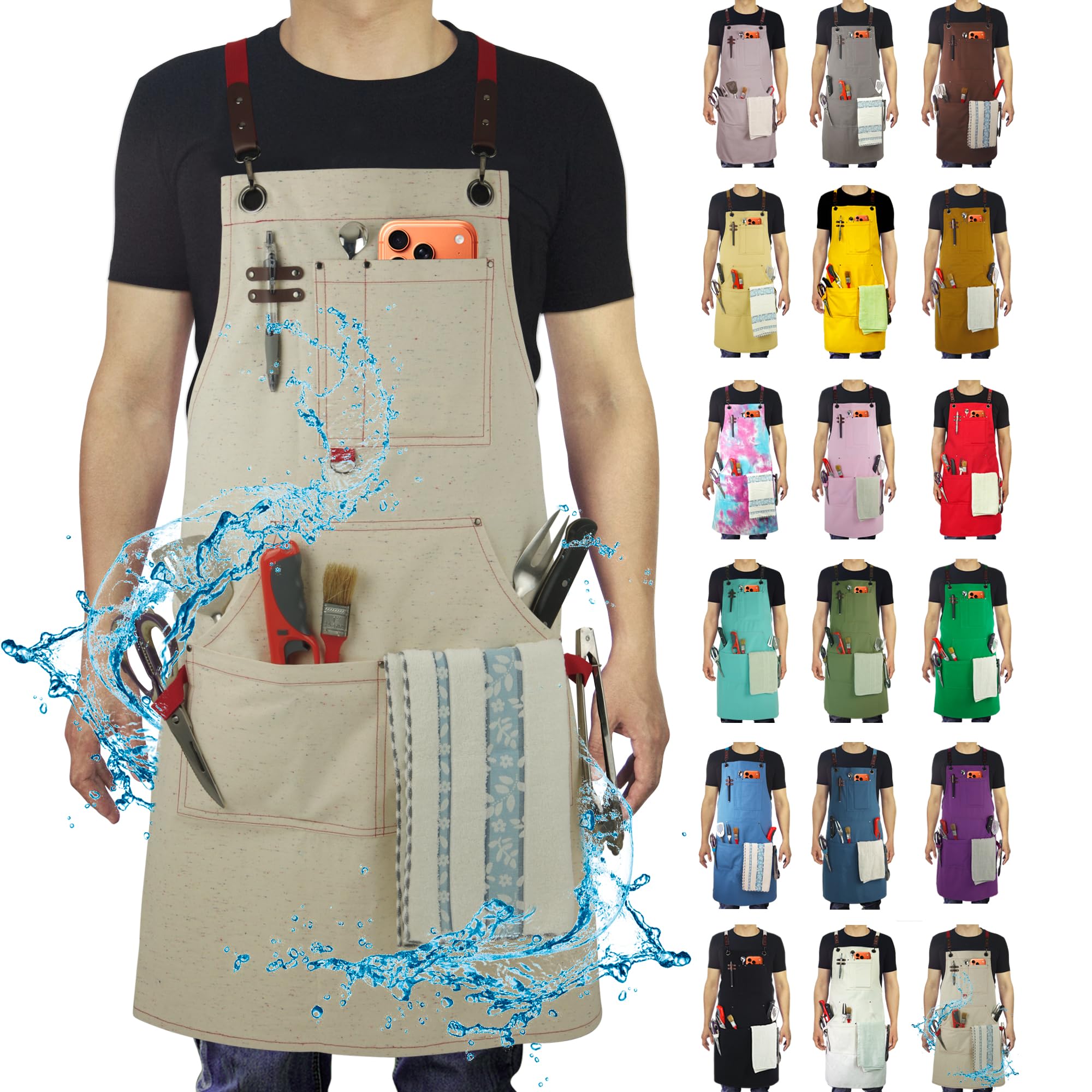 Küchenschürze,Arbeitsschürze,Leinwand,mehrere Taschen,Gartenarbeit,Malerei,Grillen,Tischler,Größen M bis XXL,bunte Punkte